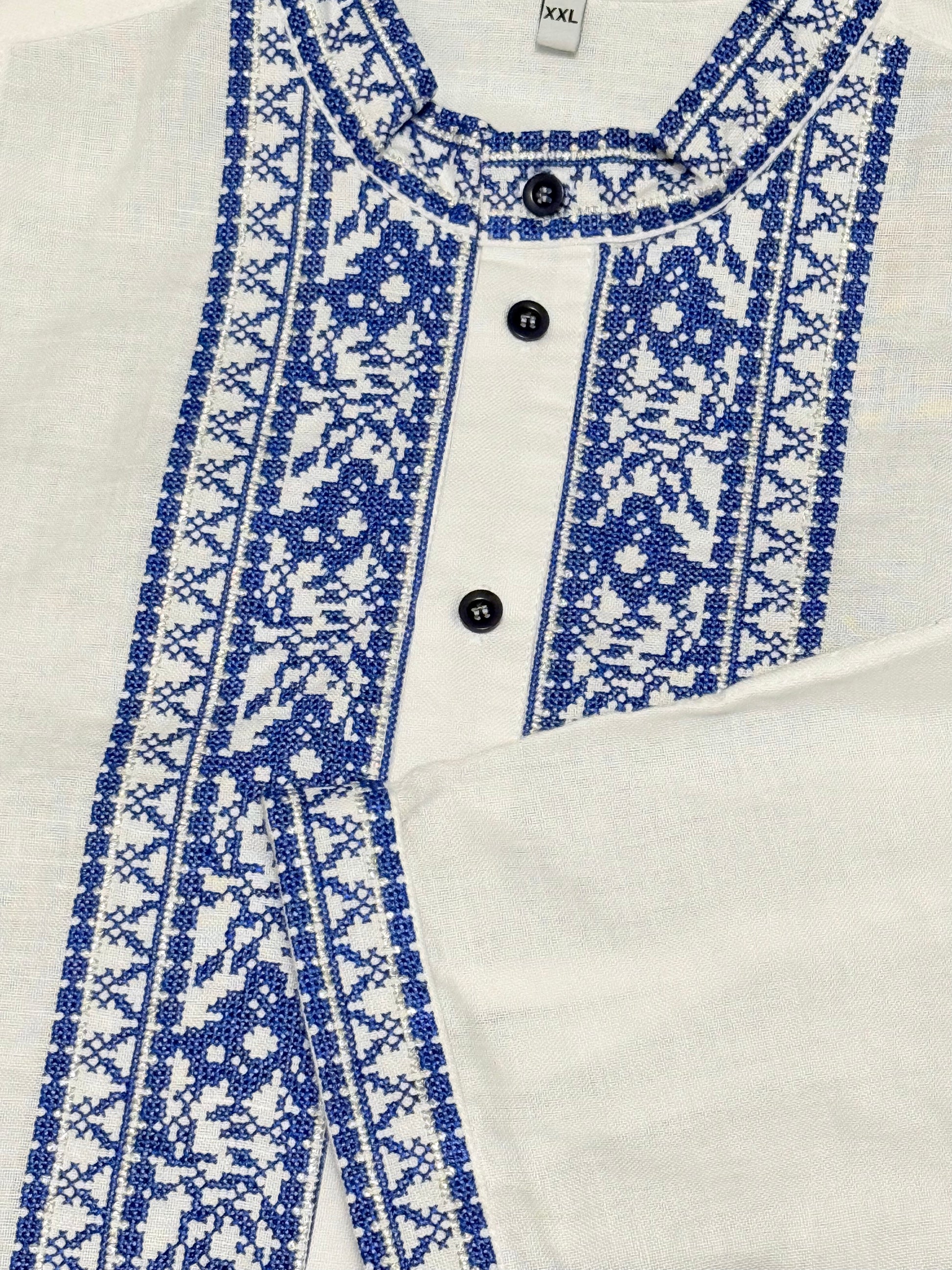 Men’s Linen Vyshyvanka with Buttons and Silver-Blue Embroidery