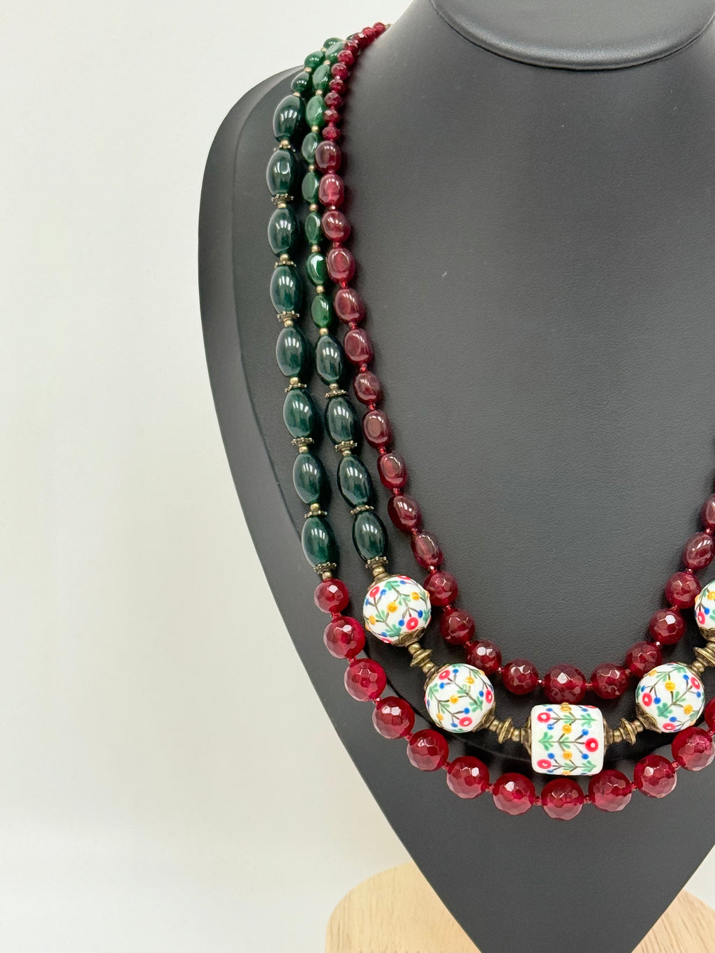 Three-Strand Chalcedony Necklace with Handmade Ceramic Beads