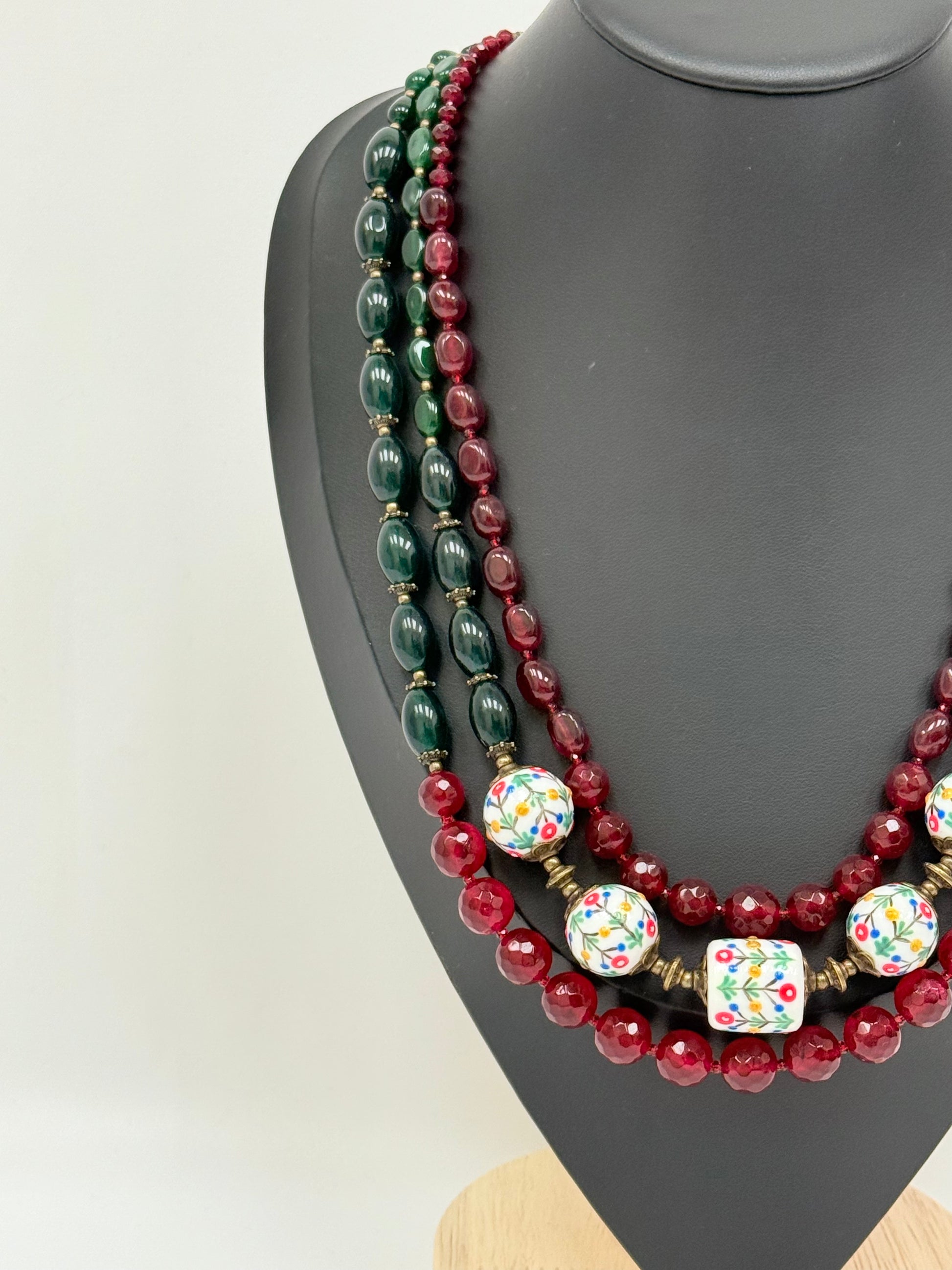 Three-Strand Chalcedony Necklace with Handmade Ceramic Beads
