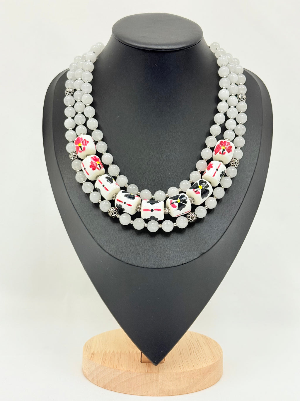 Three-Strand White Jade Necklace with Handmade Ceramic Beads