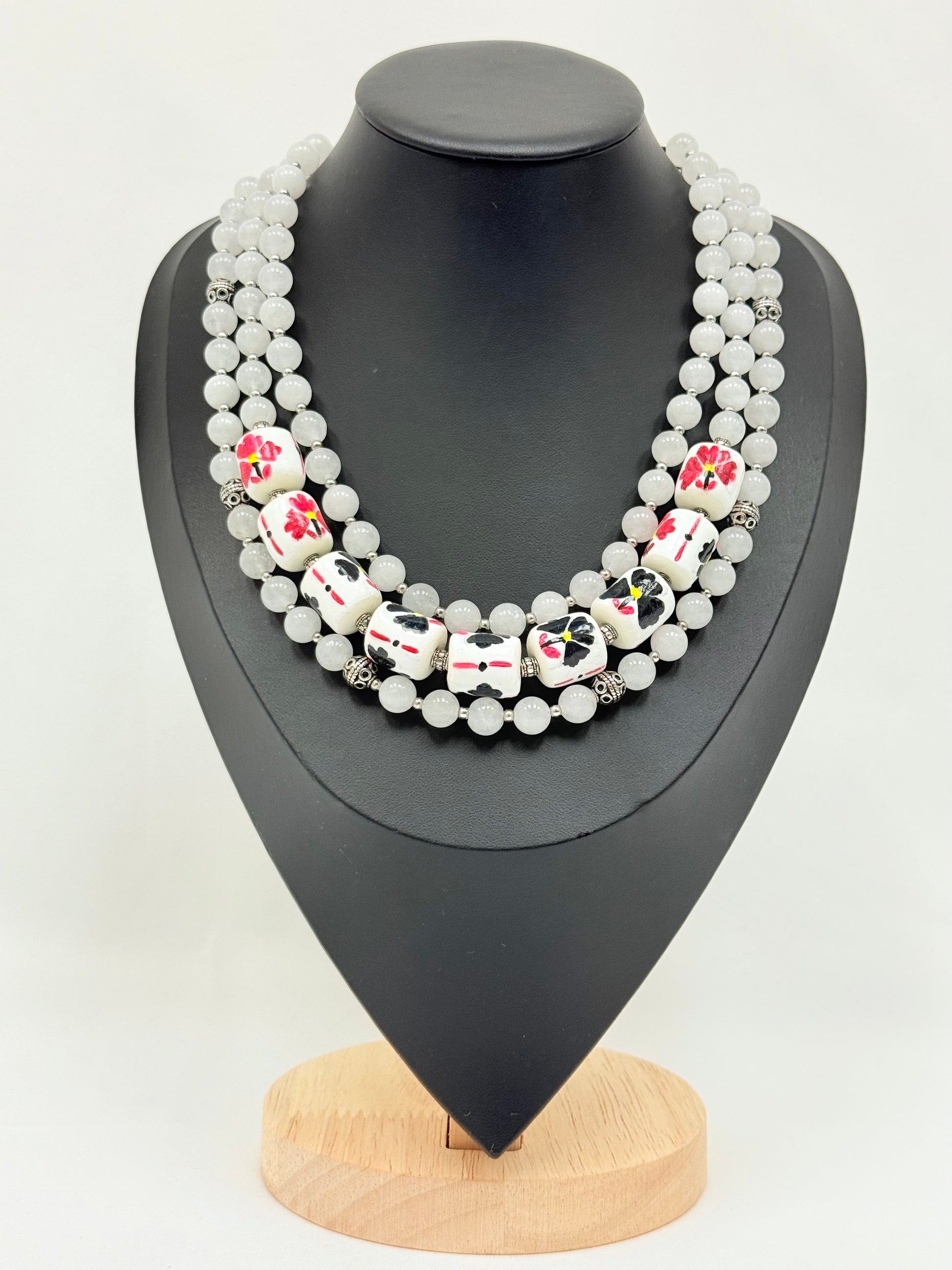 Three-Strand White Jade Necklace with Handmade Ceramic Beads