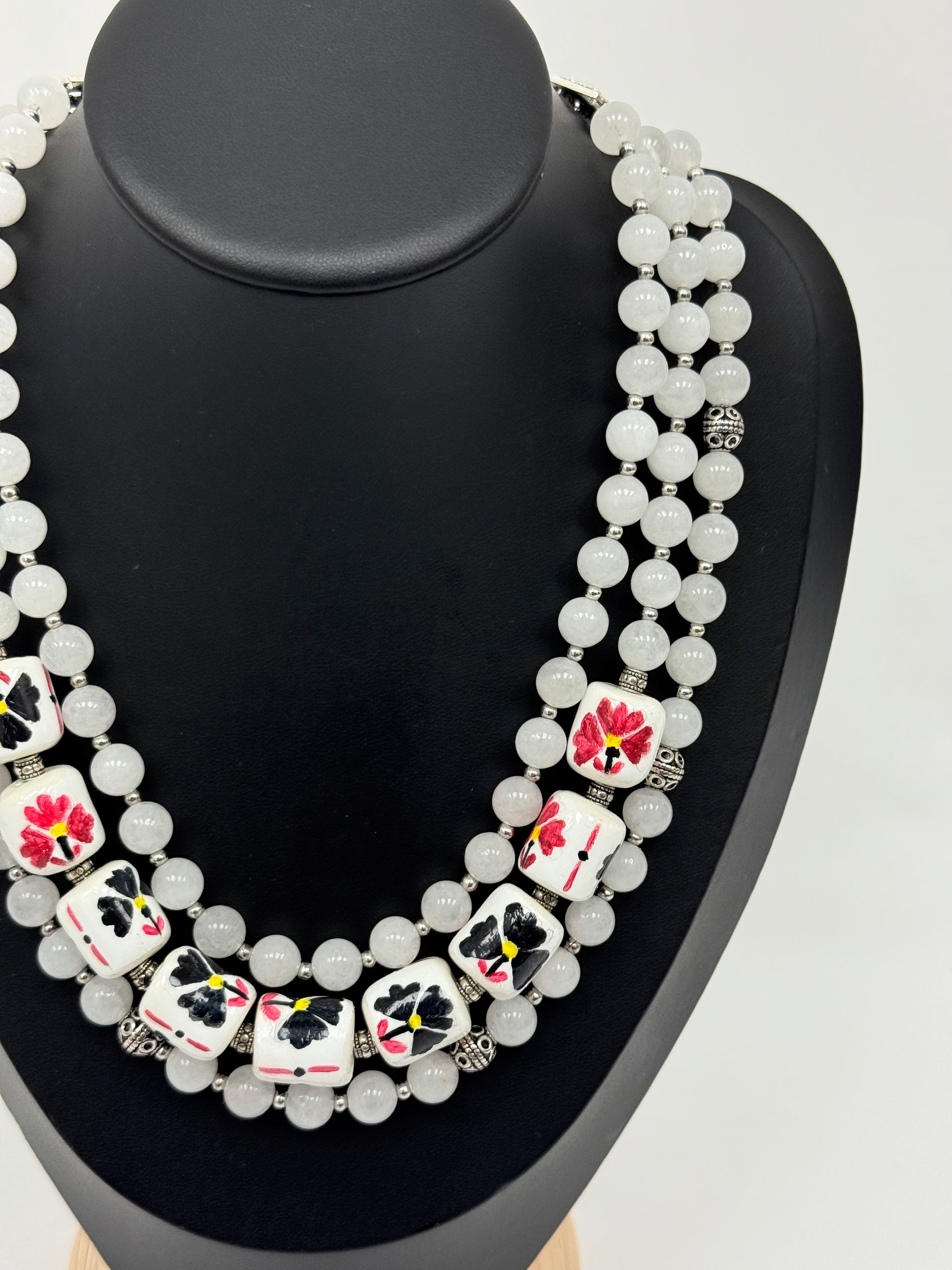 Three-Strand White Jade Necklace with Handmade Ceramic Beads