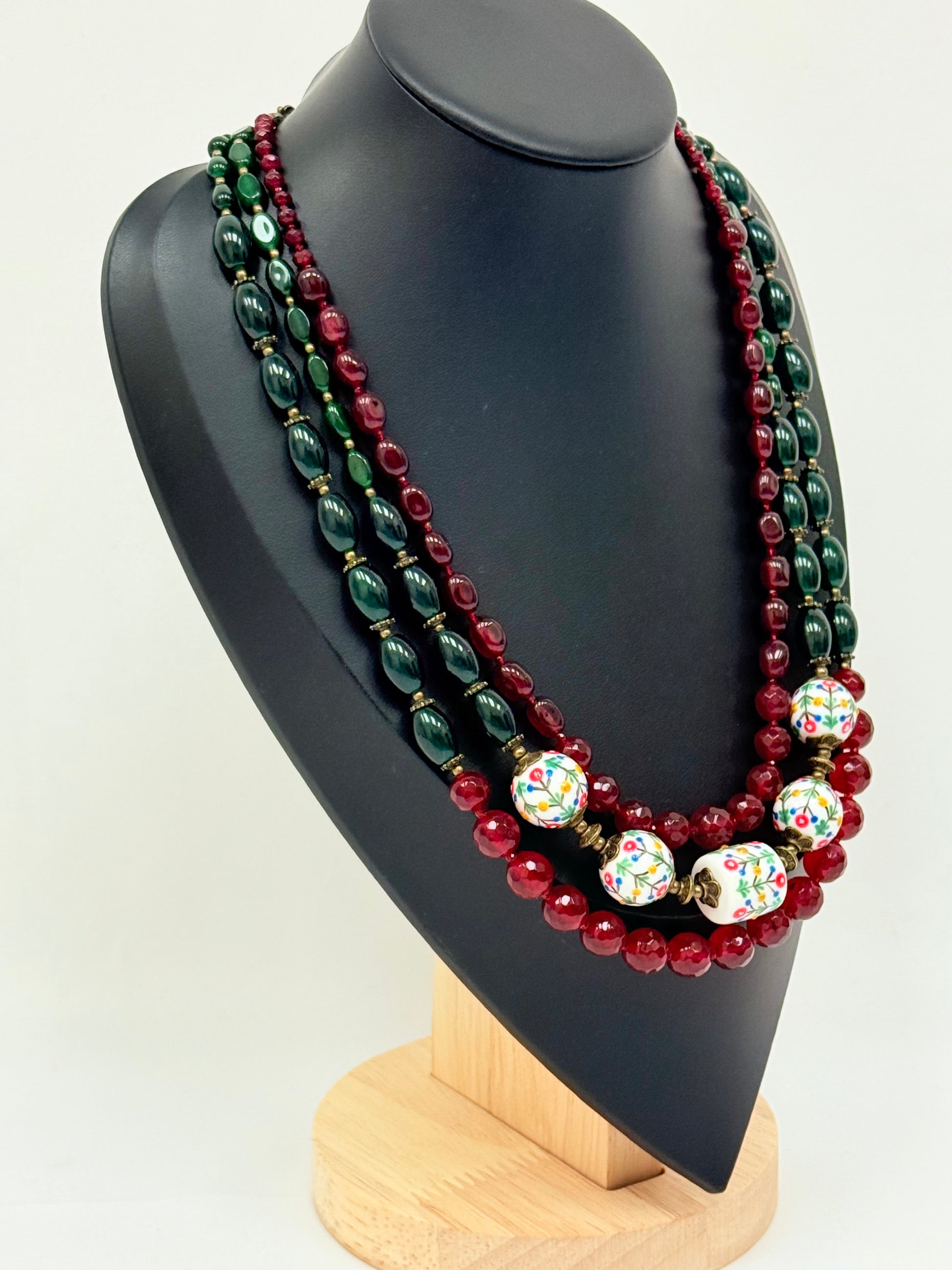 Three-Strand Chalcedony Necklace with Handmade Ceramic Beads