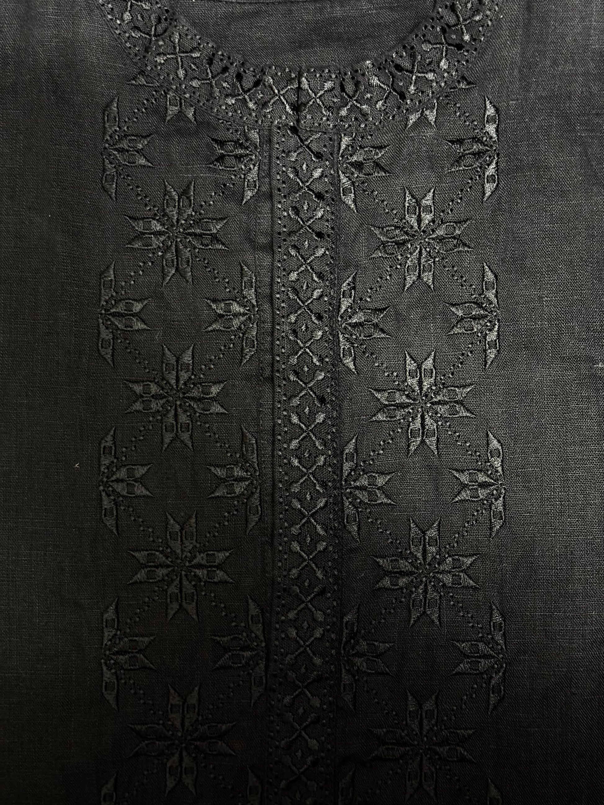 Men’s Black Linen Shirt with Black Embroidery