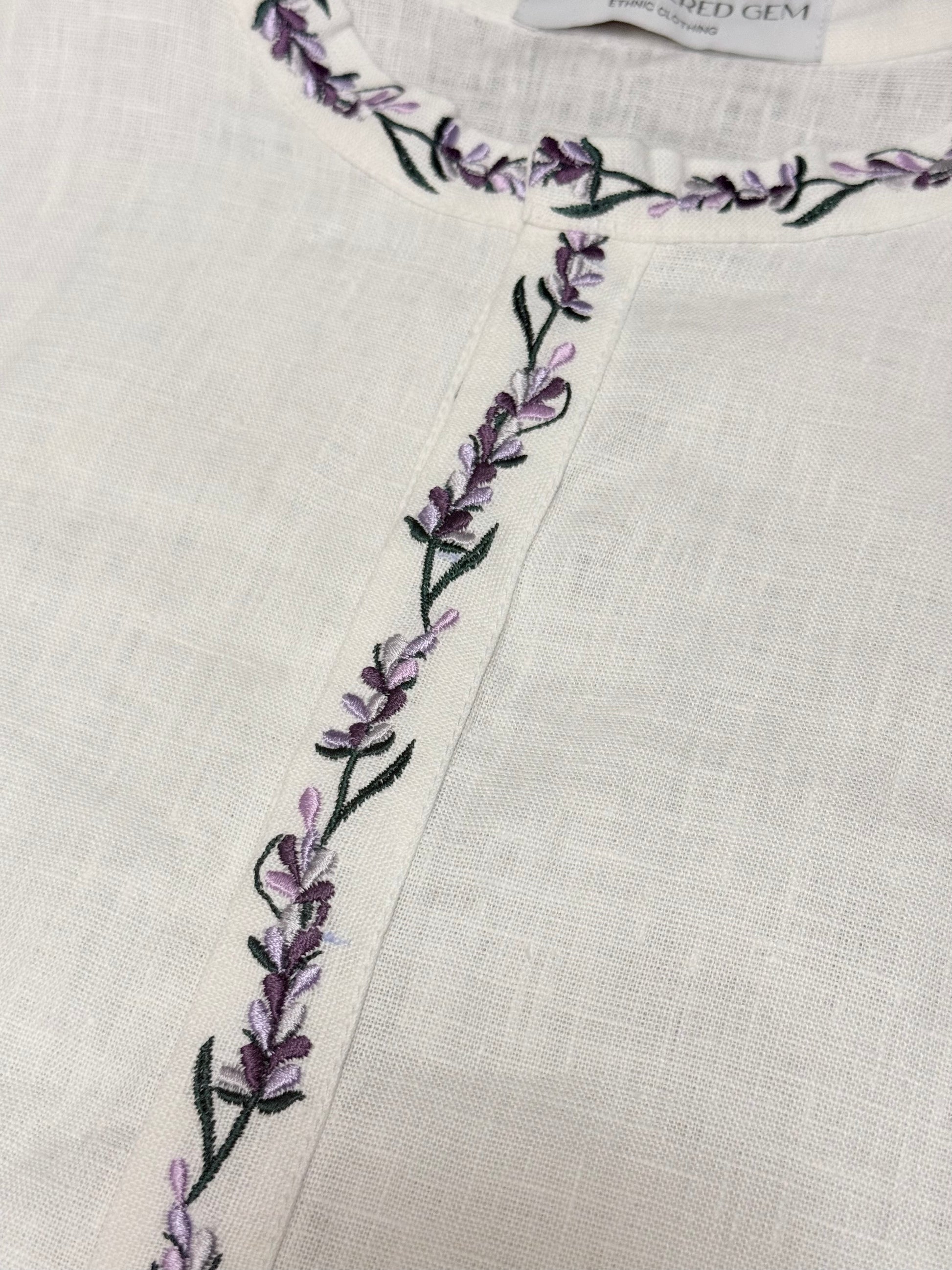 Men’s Cream Linen Embroidered Shirt “Lavender”