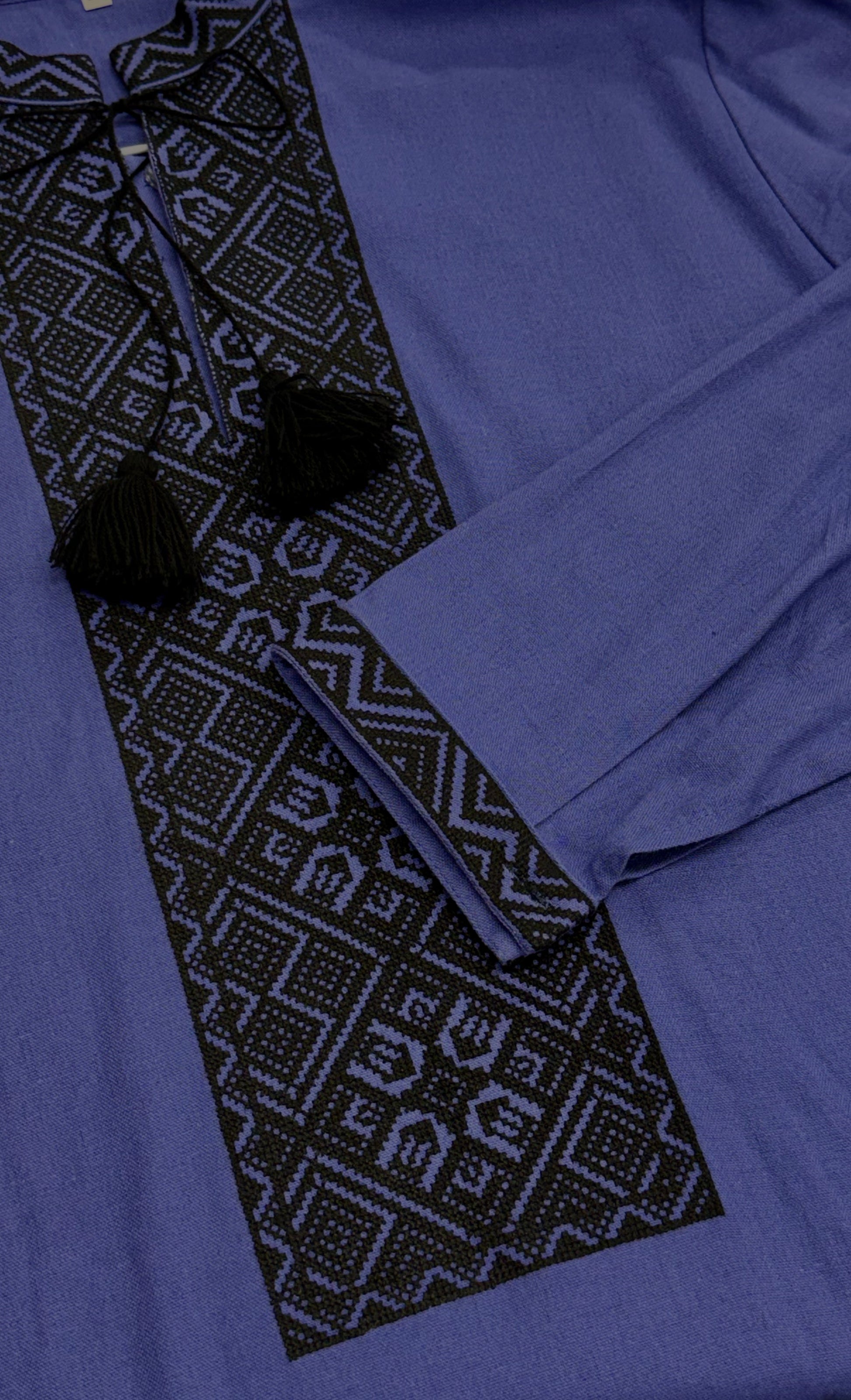 Men’s Dark Navy Linen-Cotton Shirt with Black Embroidery