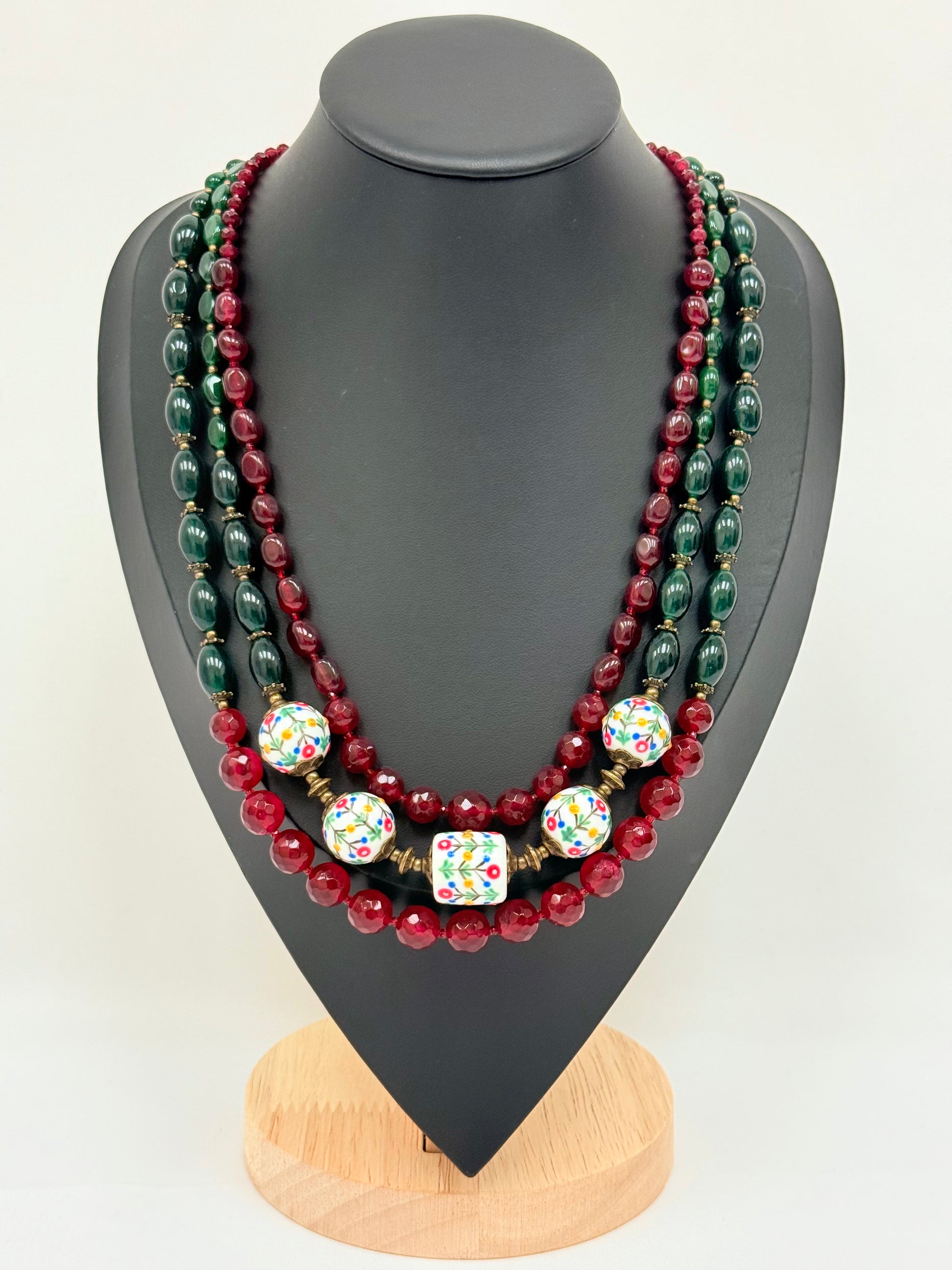 Three-Strand Chalcedony Necklace with Handmade Ceramic Beads