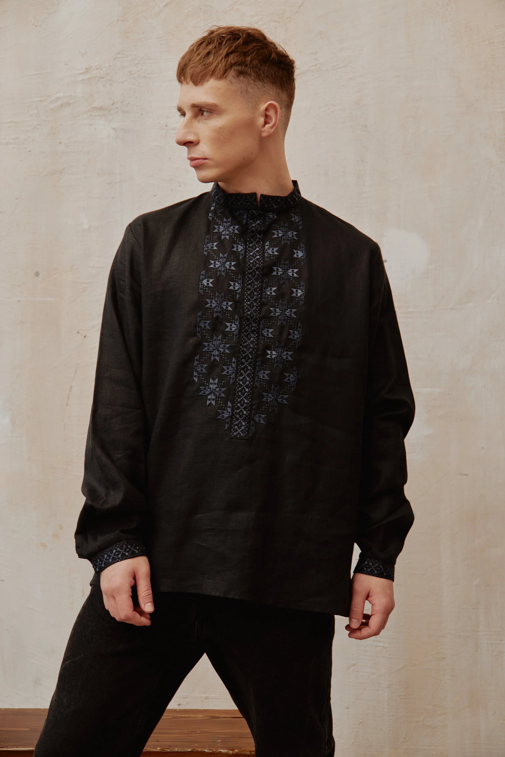 Men’s Black Linen Shirt with Black Embroidery