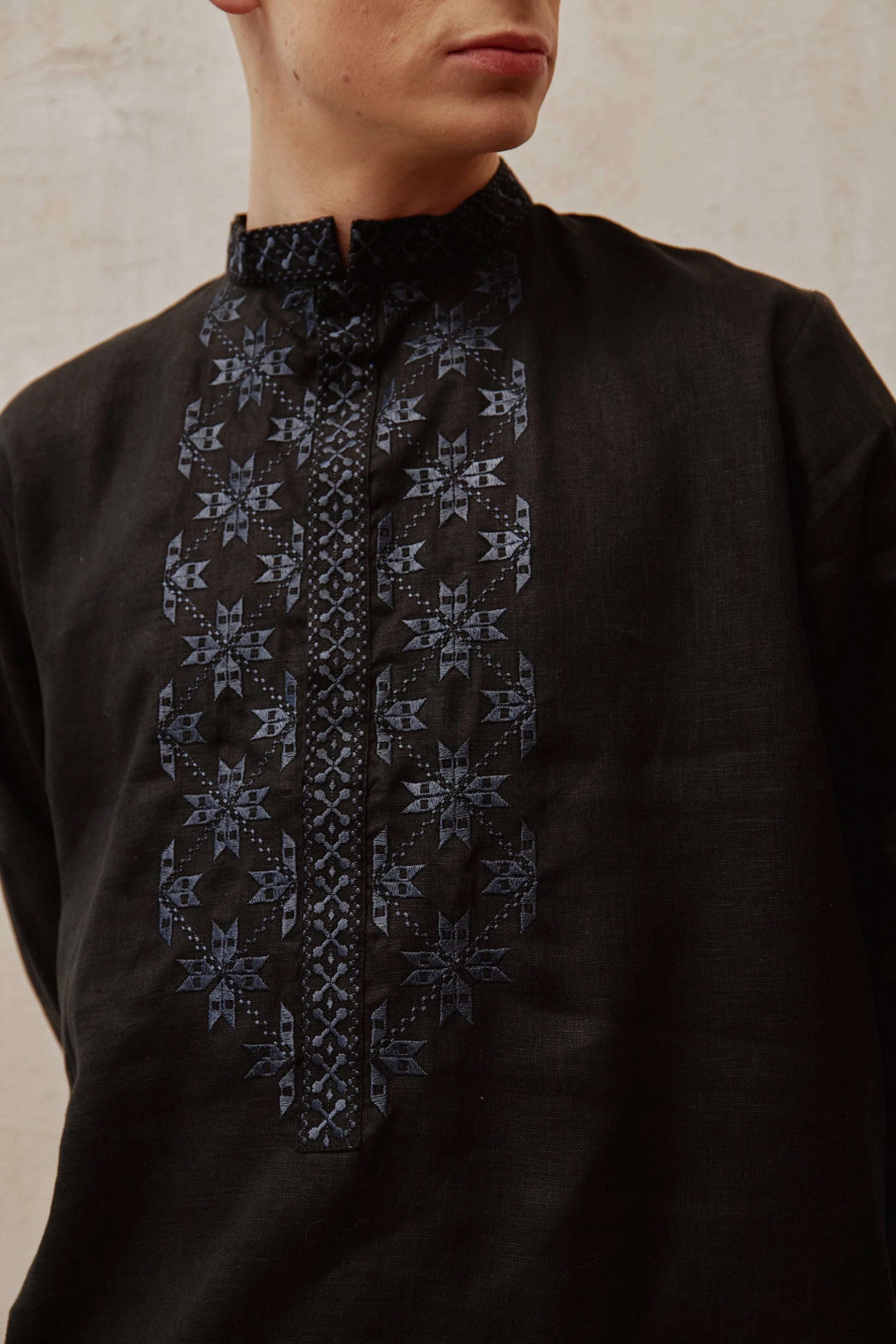 Men’s Black Linen Shirt with Black Embroidery