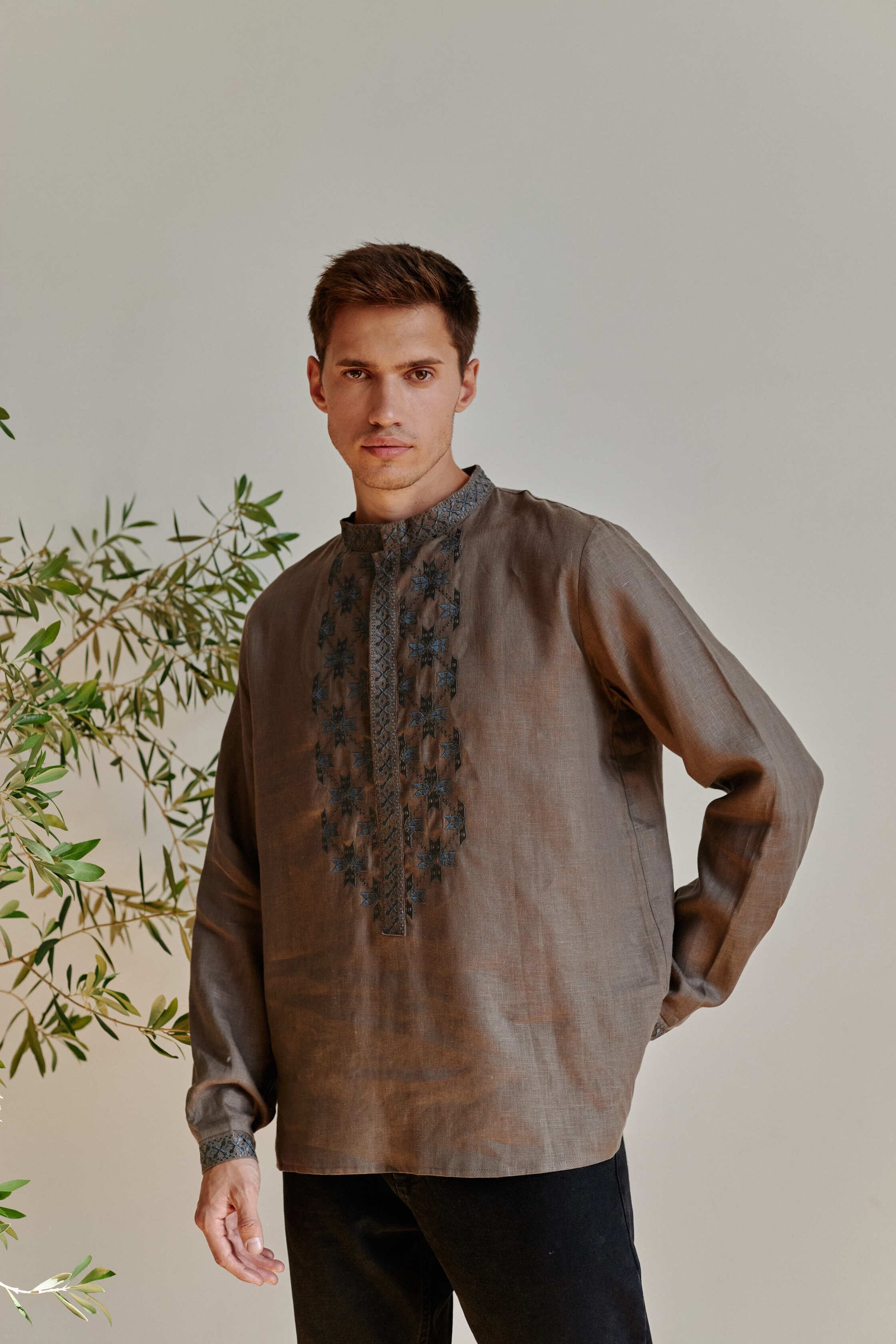 Men’s Khaki Linen Embroidered Shirt