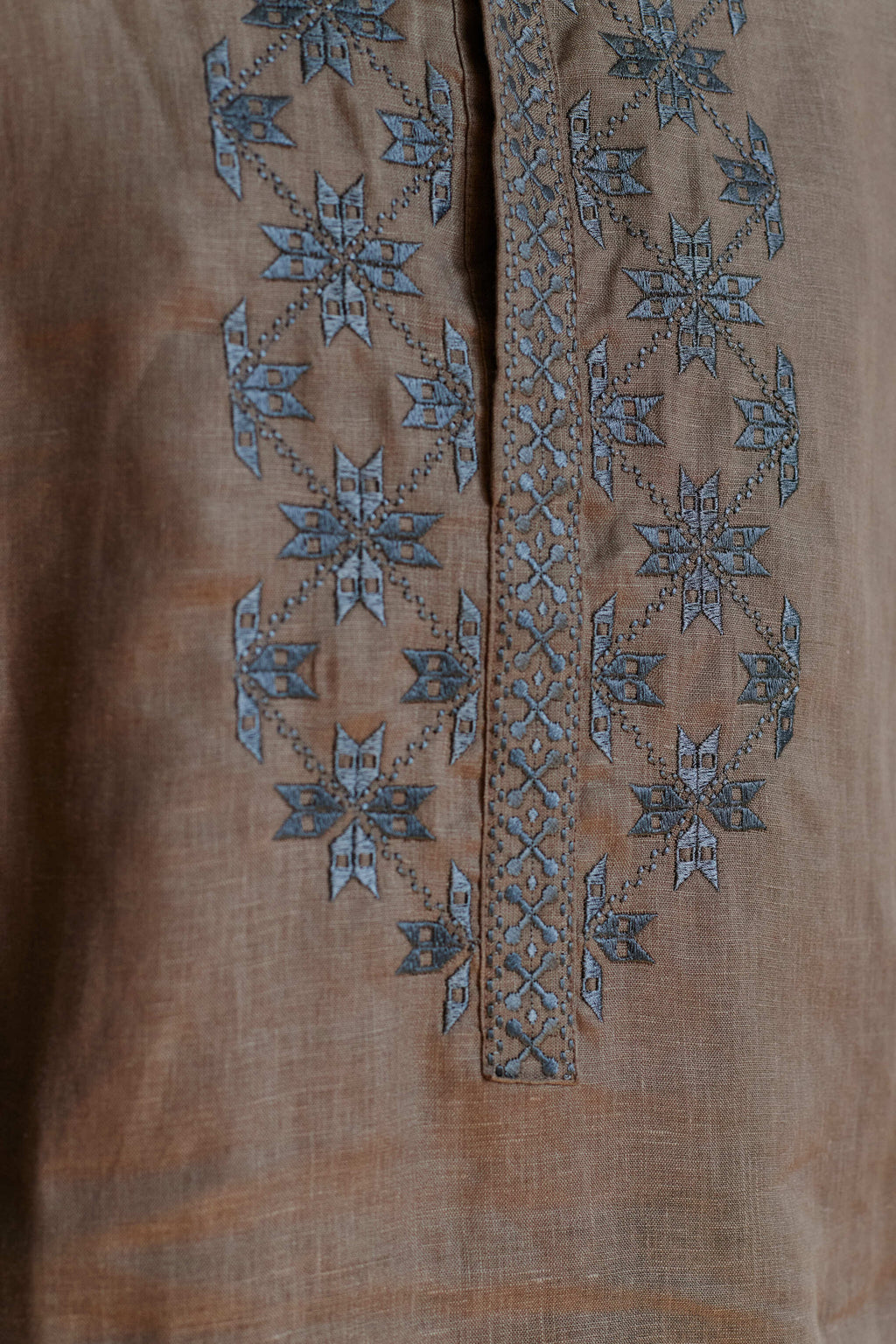 Men’s Khaki Linen Embroidered Shirt