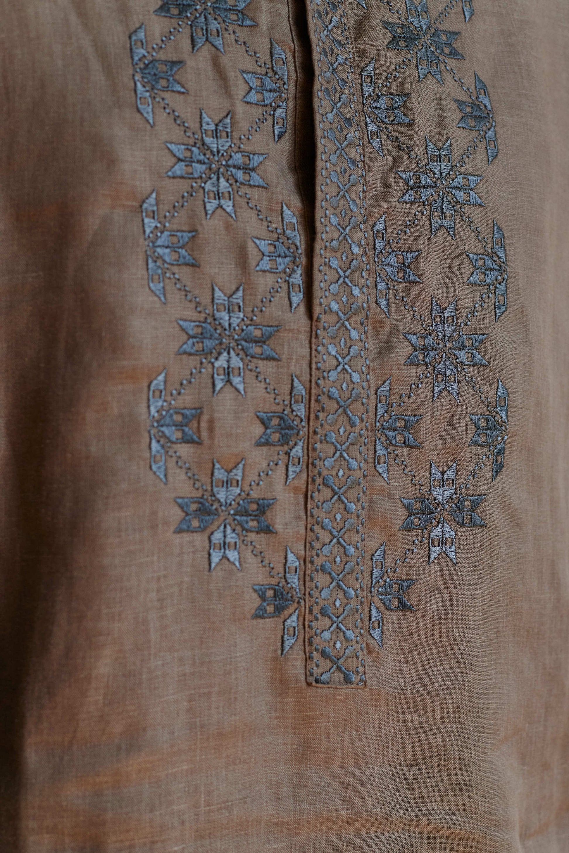Men’s Khaki Linen Embroidered Shirt