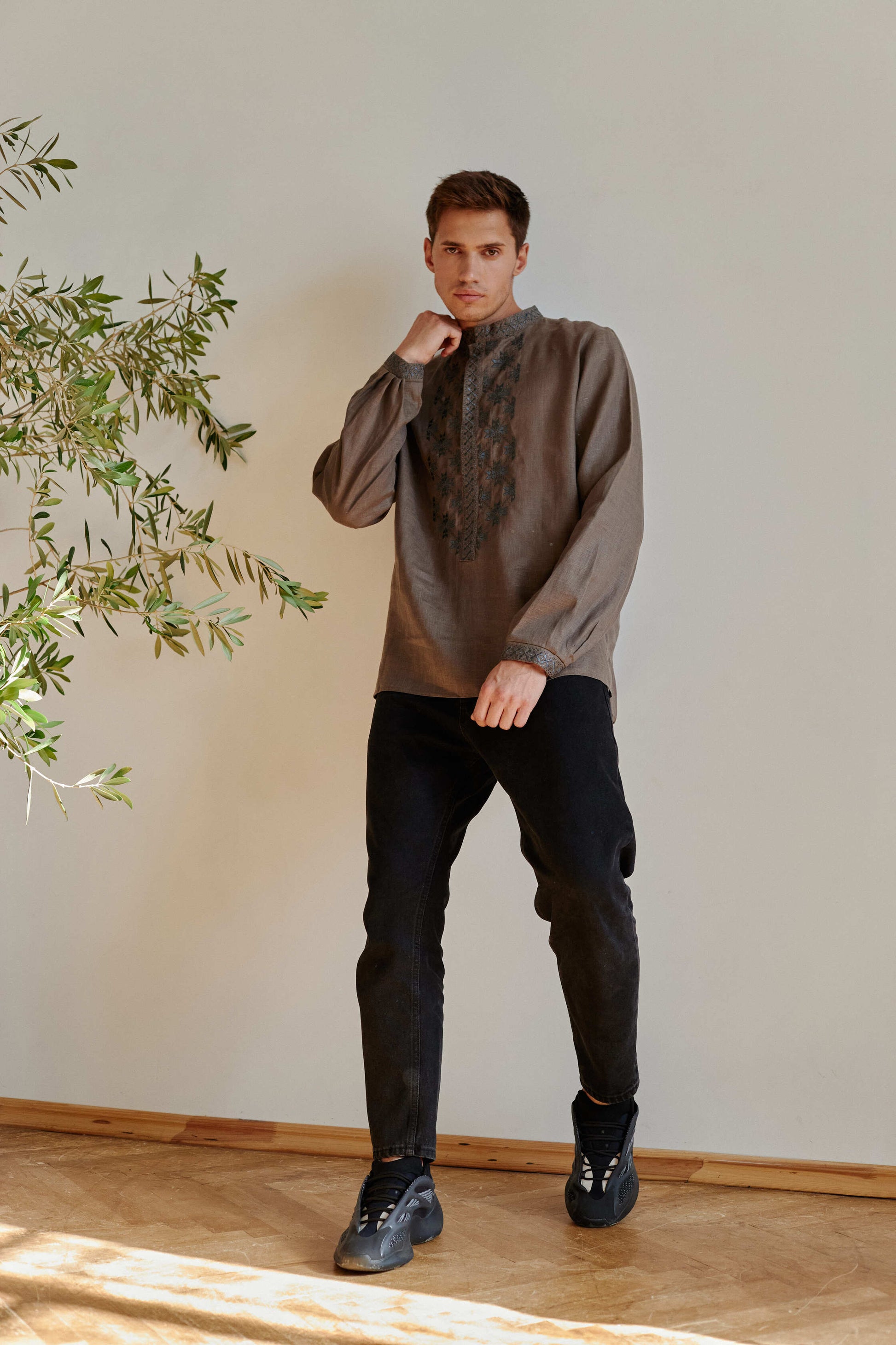 Men’s Khaki Linen Embroidered Shirt