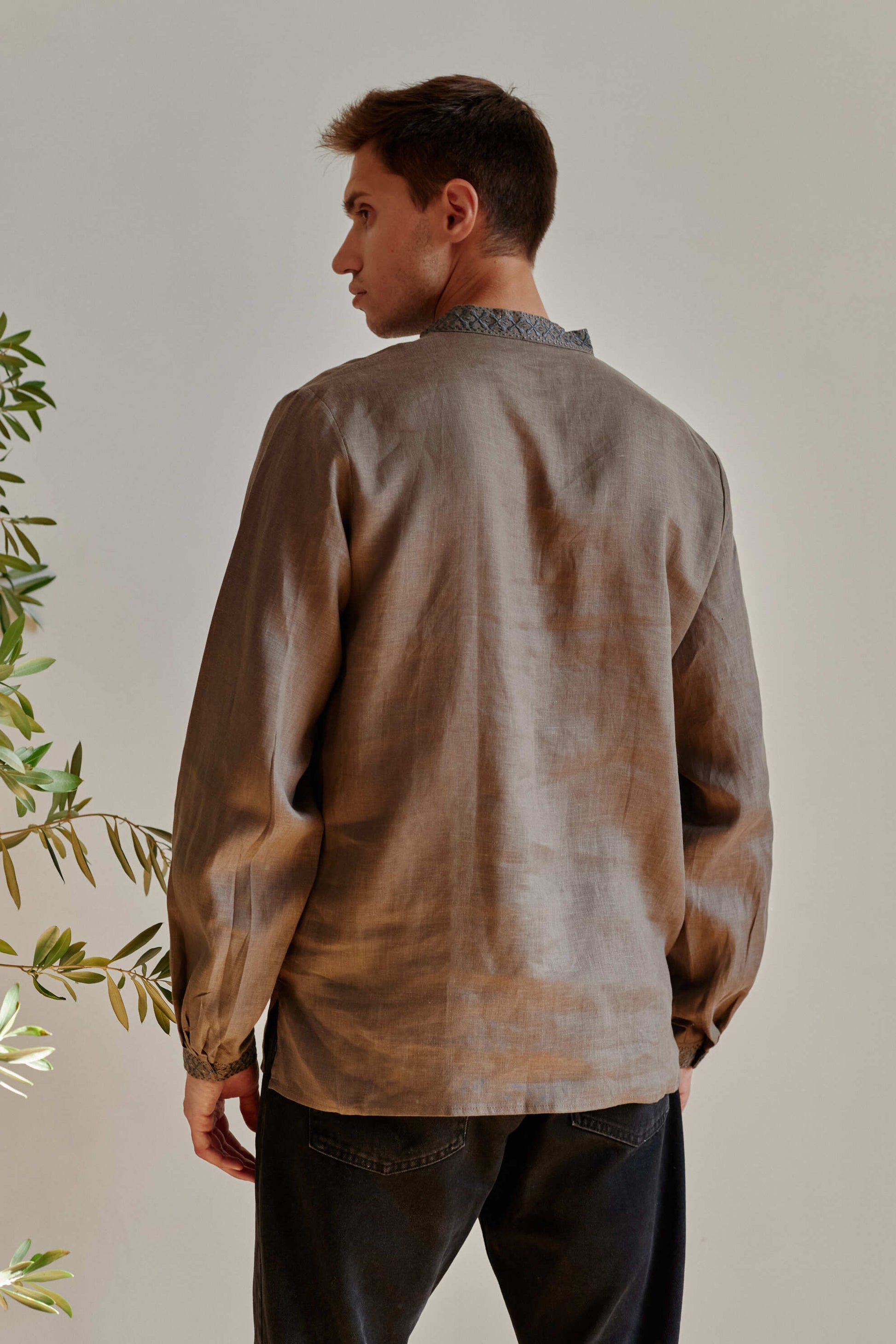 Men’s Khaki Linen Embroidered Shirt