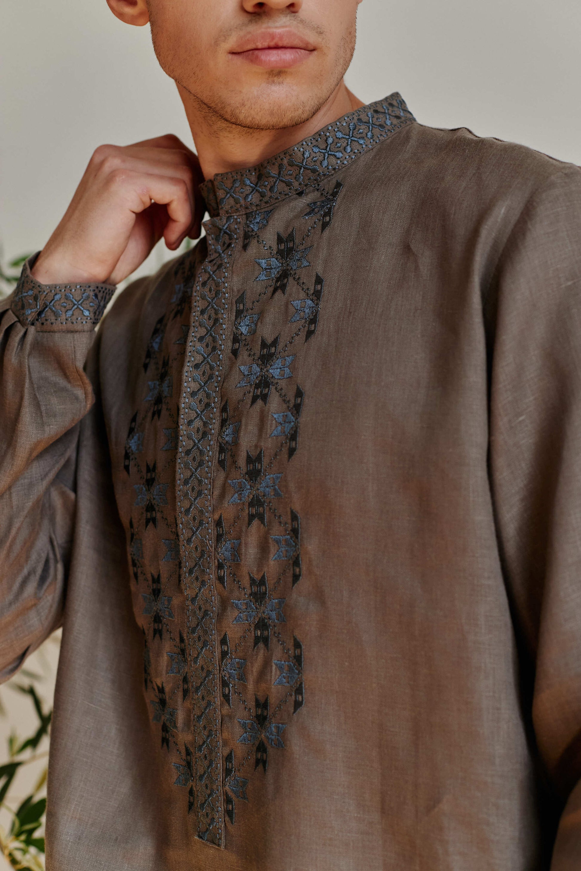 Men’s Khaki Linen Embroidered Shirt