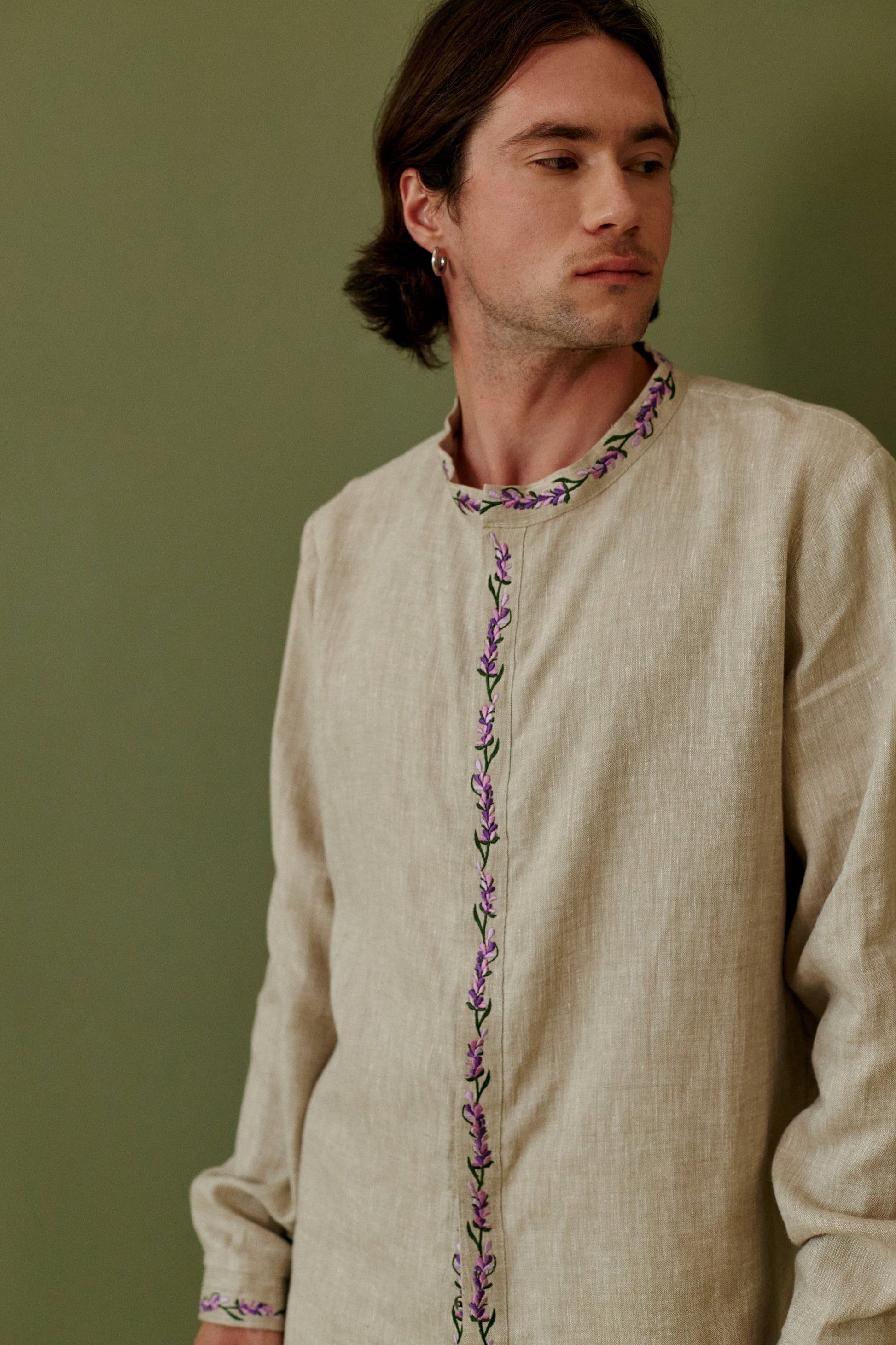 Men’s Cream Linen Embroidered Shirt “Lavender”