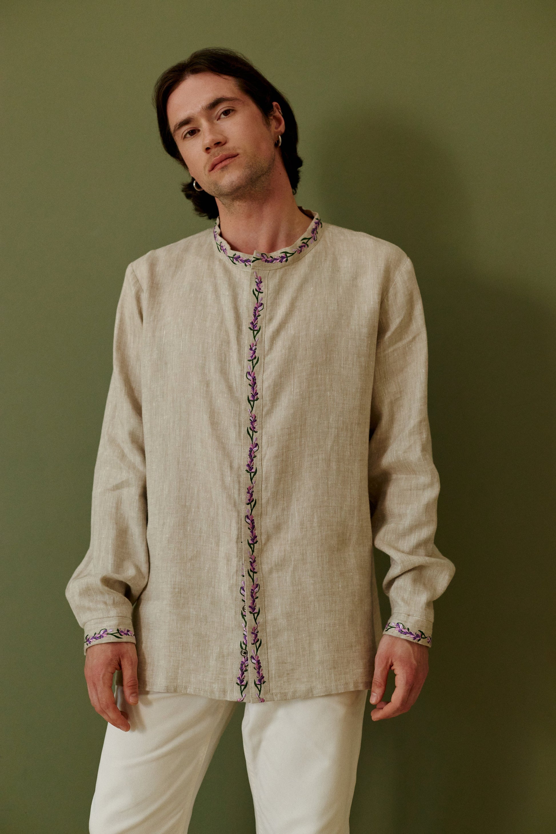 Men’s Cream Linen Embroidered Shirt “Lavender”