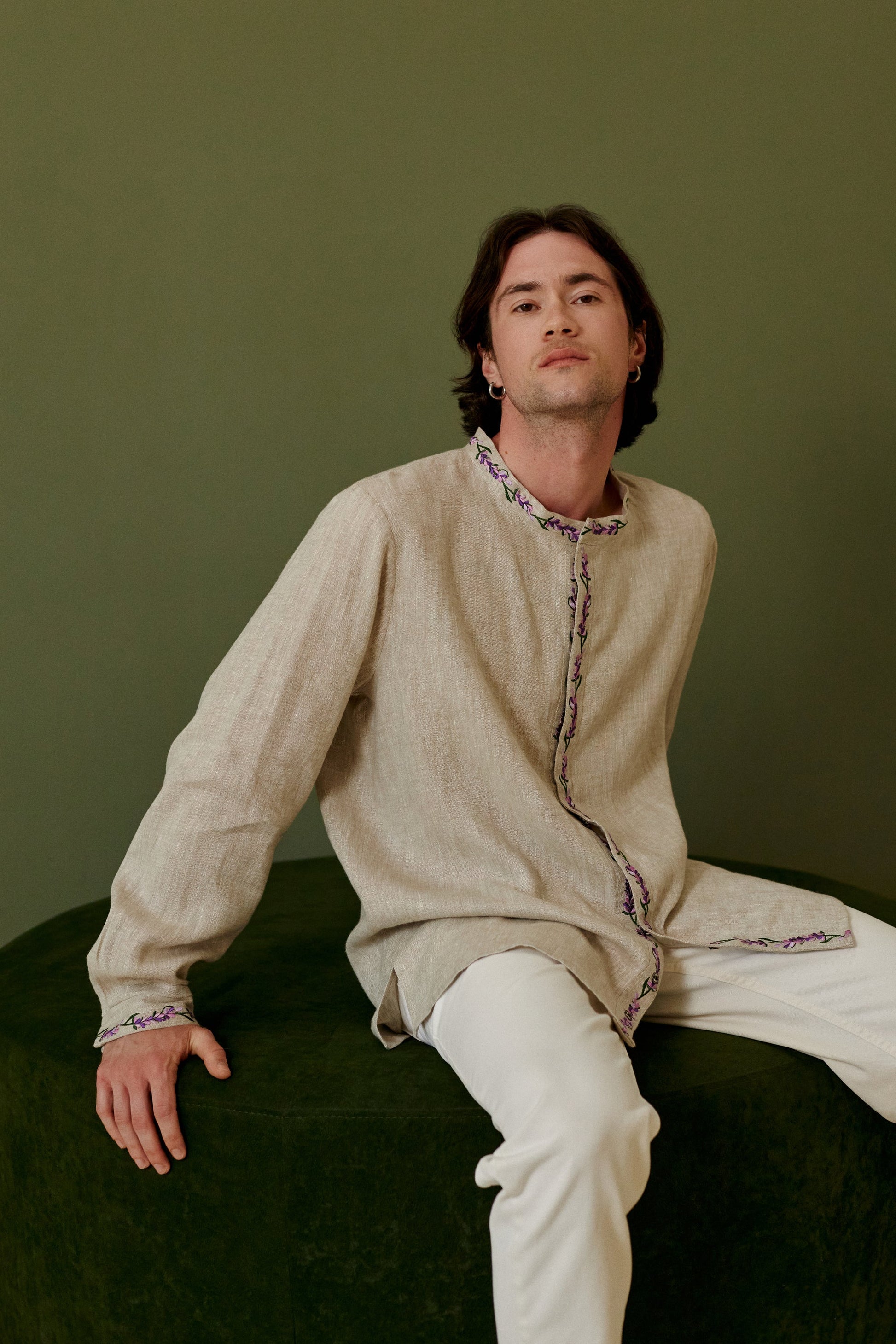 Men’s Cream Linen Embroidered Shirt “Lavender”