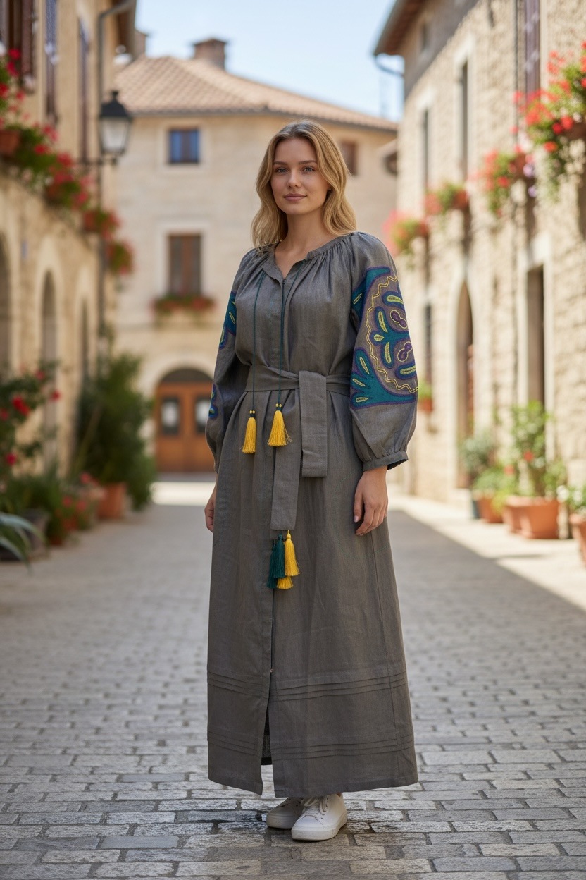 Khaki Linen Dress with Appliqué