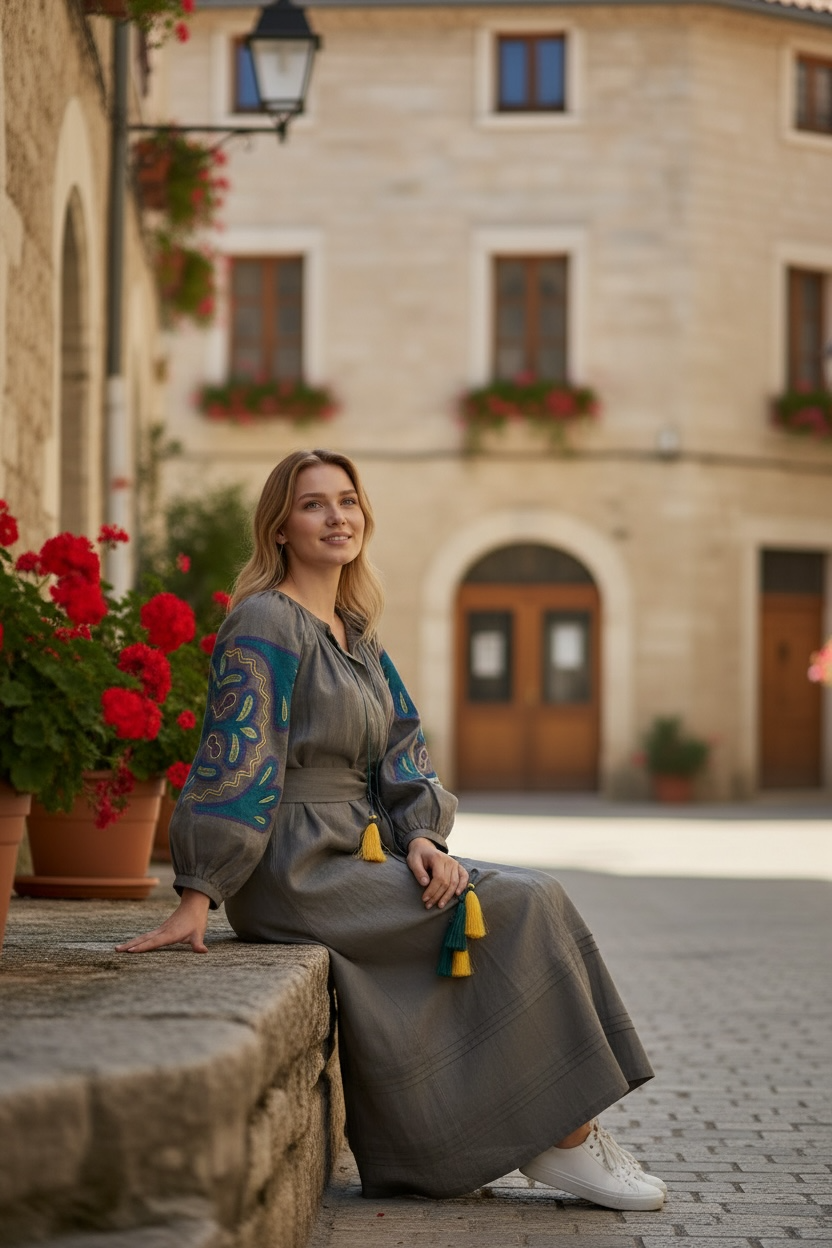 Khaki Linen Dress with Appliqué