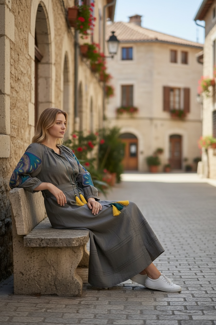 Khaki Linen Dress with Appliqué