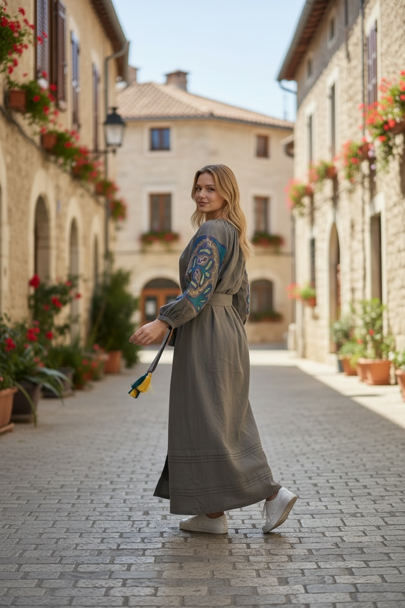 Khaki Linen Dress with Appliqué