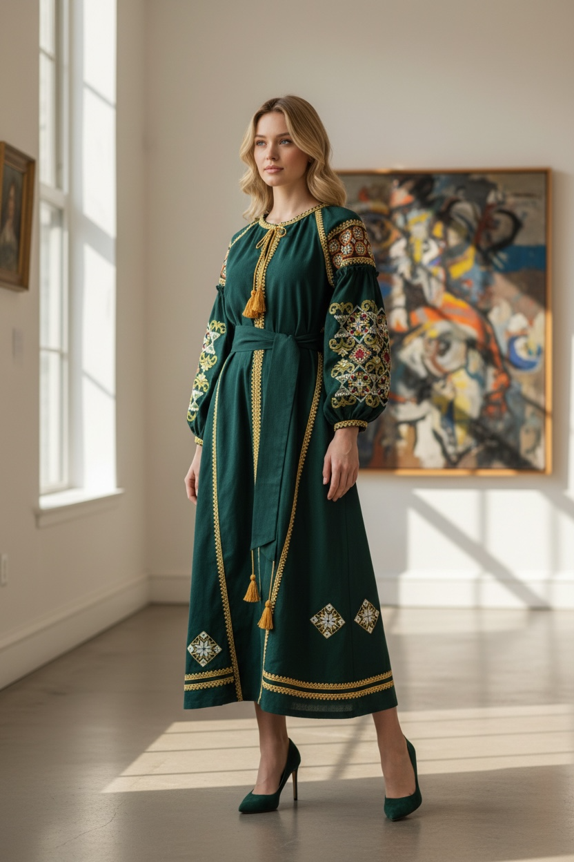 Green Dress with Traditional Embroidery