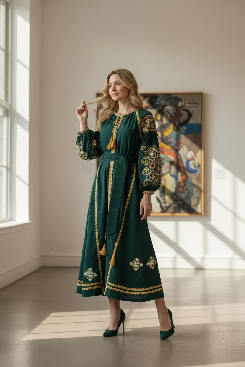 Green Dress with Traditional Embroidery