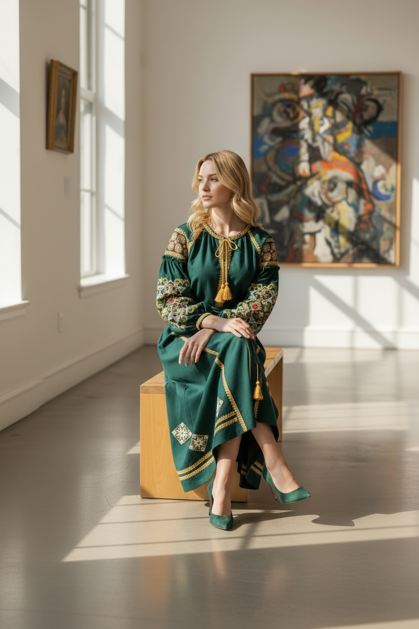 Green Dress with Traditional Embroidery