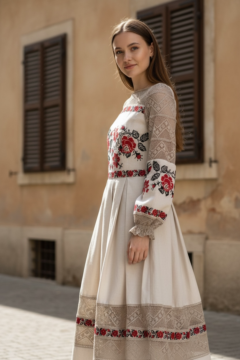 “Merezhka” Dress with Traditional Floral Embroidery and Lace