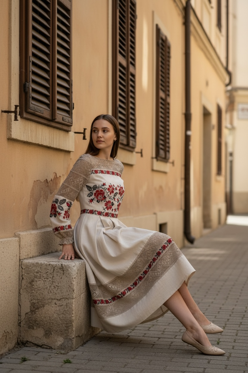 “Merezhka” Dress with Traditional Floral Embroidery and Lace