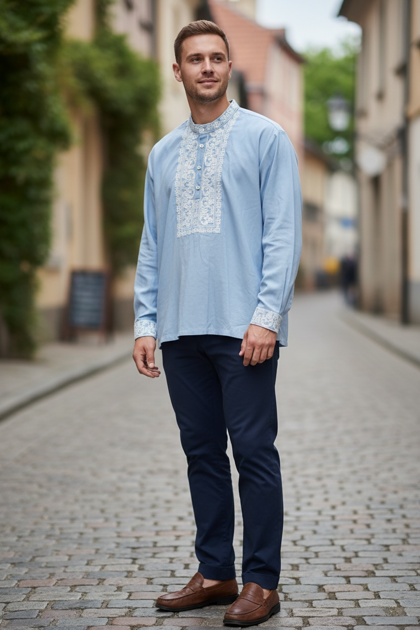 Men’s Light Blue Vyshyvanka with White Embroidery