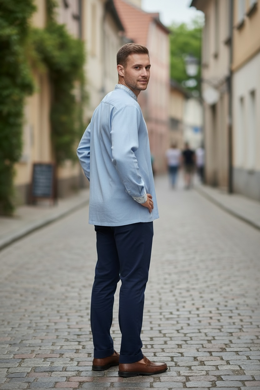 Men’s Light Blue Vyshyvanka with White Embroidery