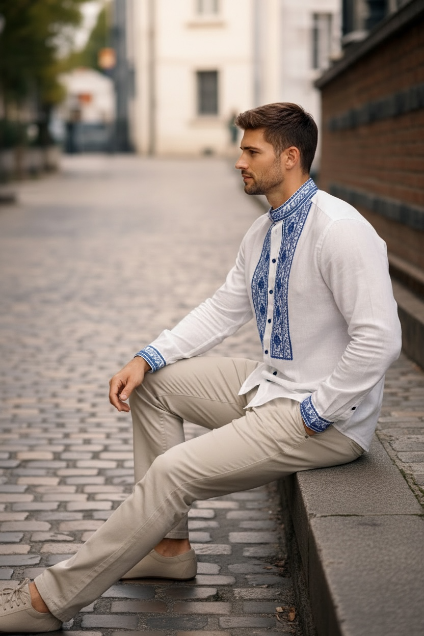 Men’s Linen Vyshyvanka with Buttons and Silver-Blue Embroidery