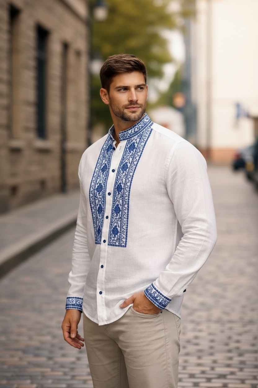 Men’s Linen Vyshyvanka with Buttons and Silver-Blue Embroidery