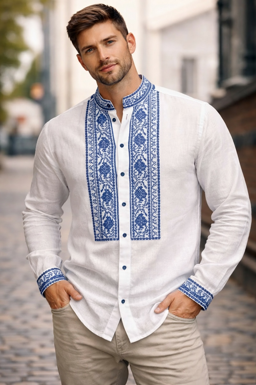 Men’s Linen Vyshyvanka with Buttons and Silver-Blue Embroidery