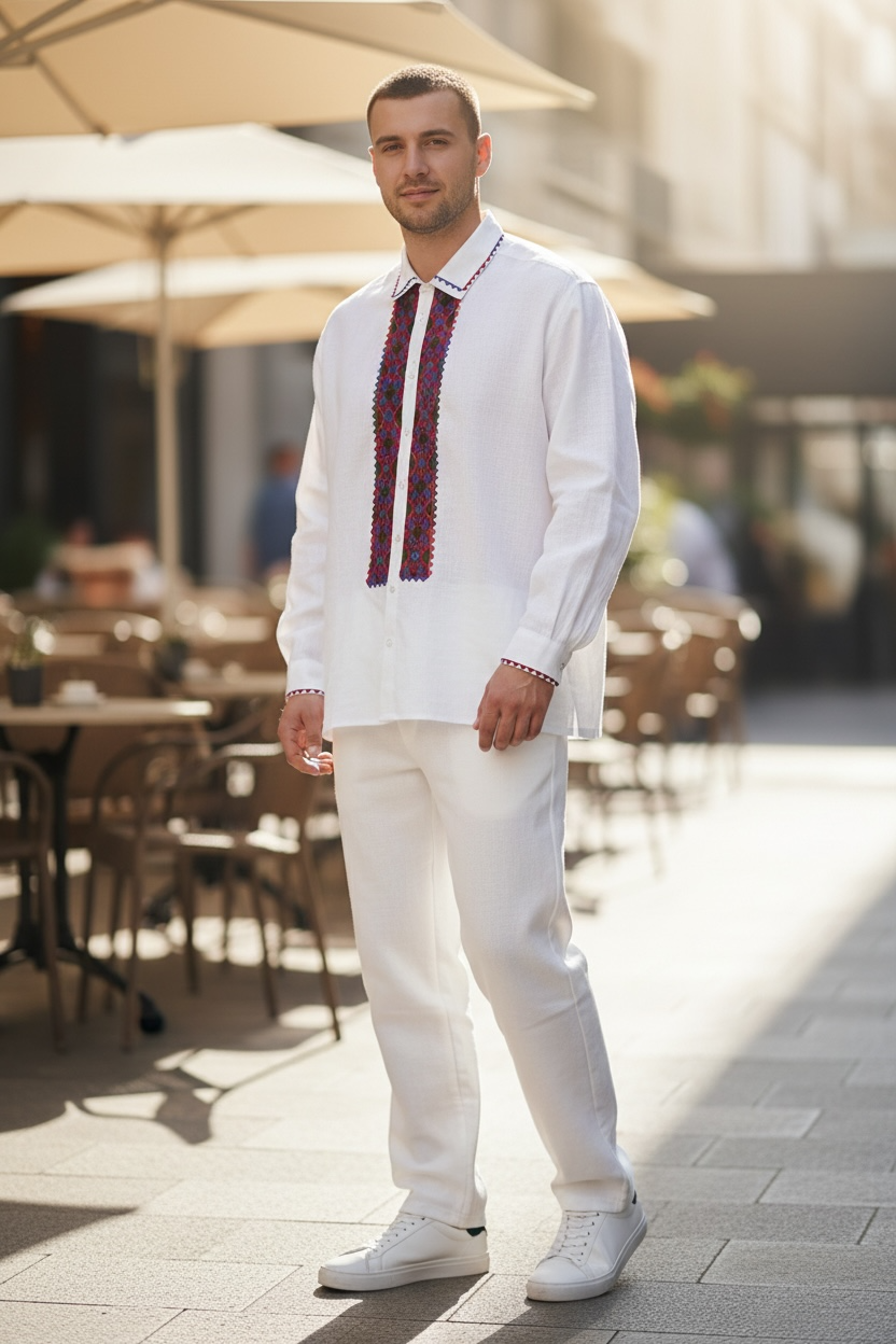 Men’s White Vyshyvanka With Traditional Embroidery Long Sleeve