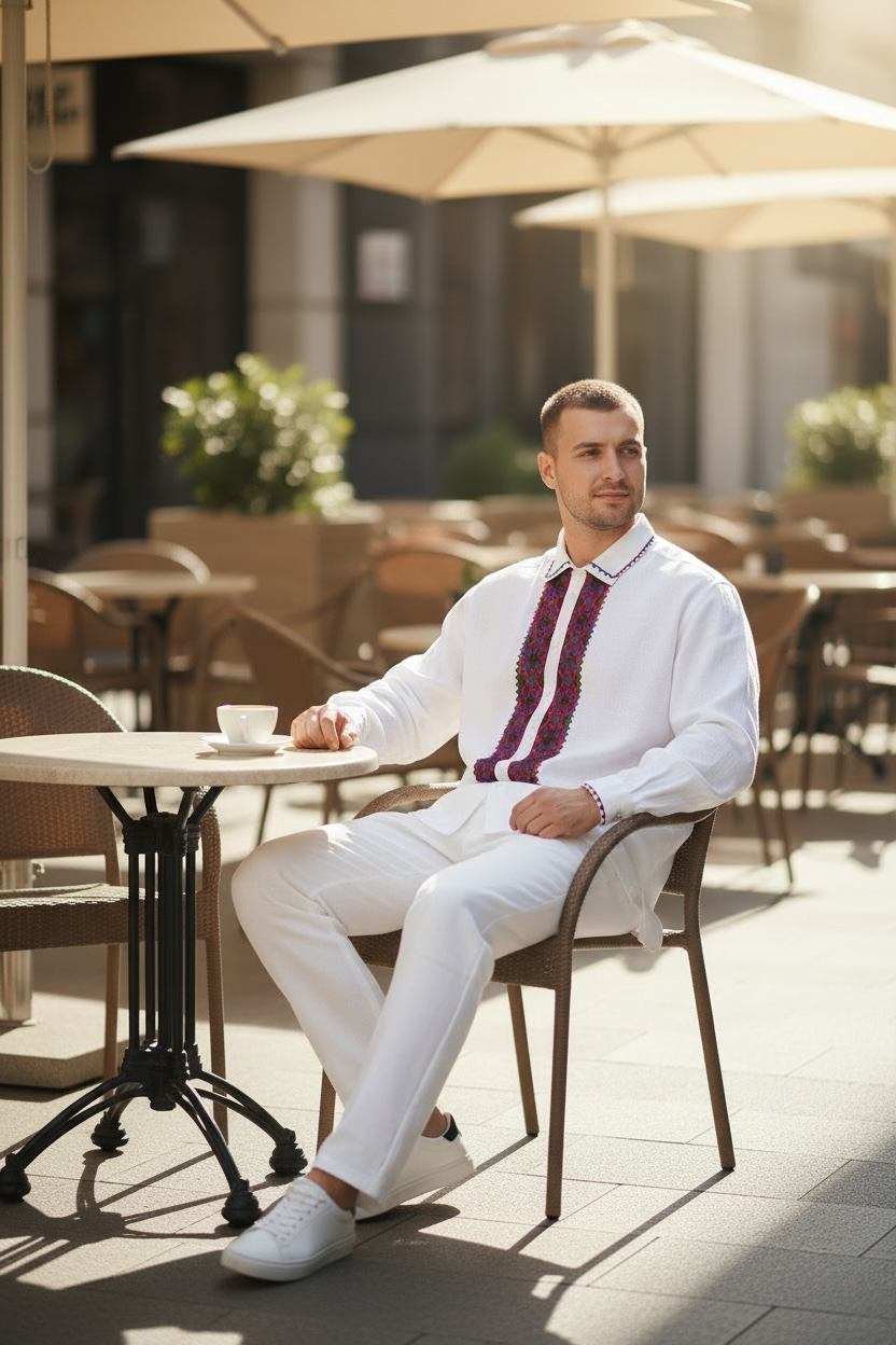 Men’s White Vyshyvanka With Traditional Embroidery Long Sleeve