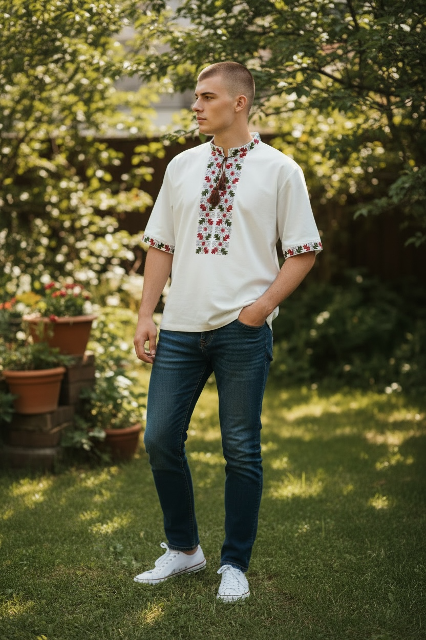 Men’s Linen Vyshyvanka With Traditional Embroidery Short Sleeve