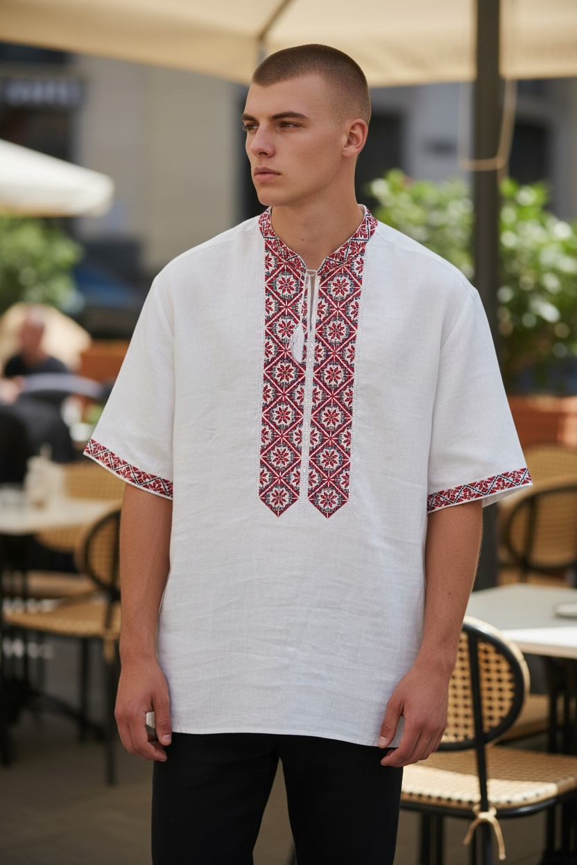 Men’s White Linen Vyshyvanka With Traditional Embroidery Short Sleeve