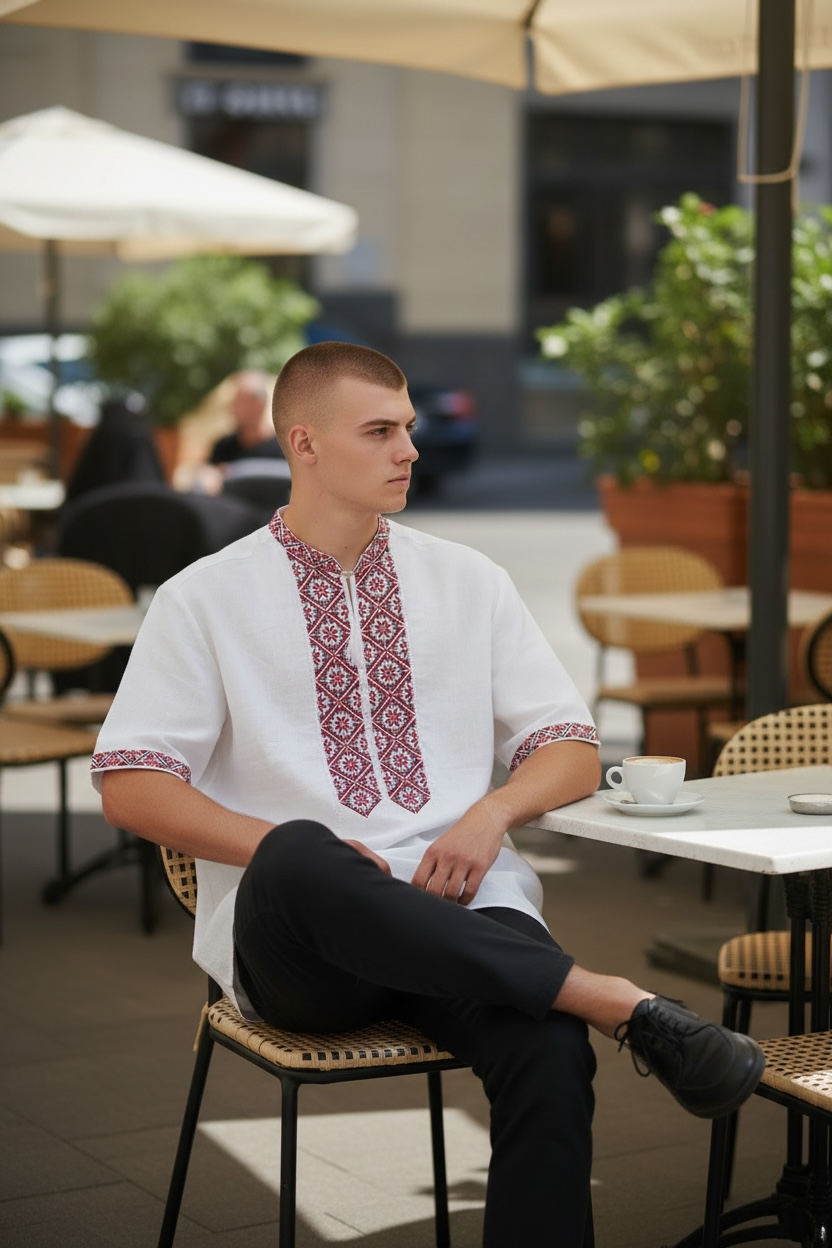 Men’s White Linen Vyshyvanka With Traditional Embroidery Short Sleeve