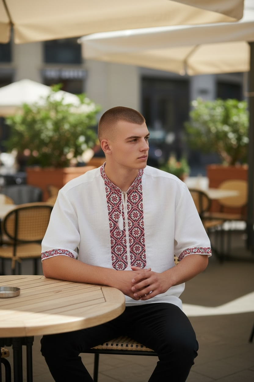 Men’s White Linen Vyshyvanka With Traditional Embroidery Short Sleeve