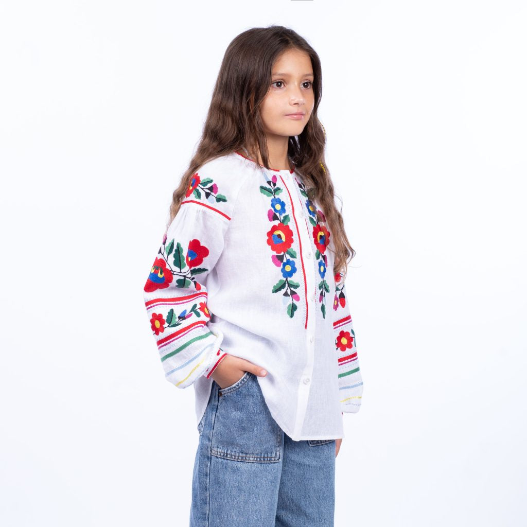Girls’ Linen Blouse with Floral Embroidery