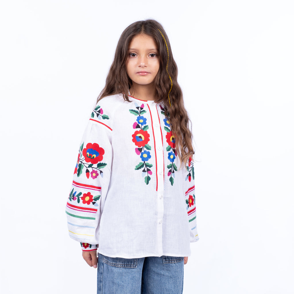 Girls’ Linen Blouse with Floral Embroidery