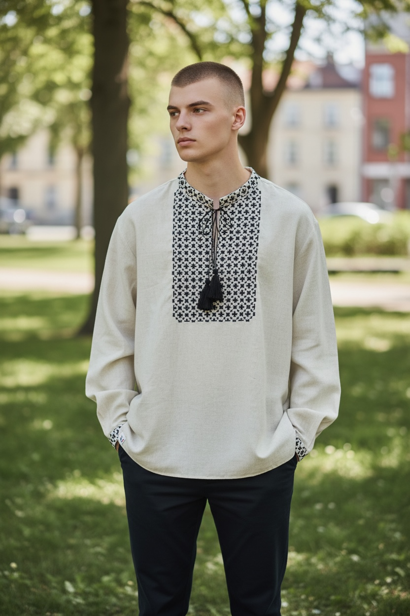 Men’s Linen Shirt with Traditional Black Embroidery