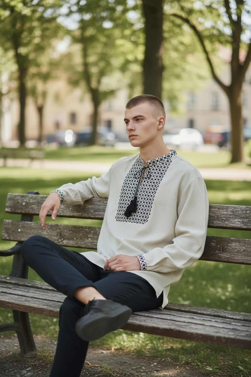 Men’s Linen Shirt with Traditional Black Embroidery