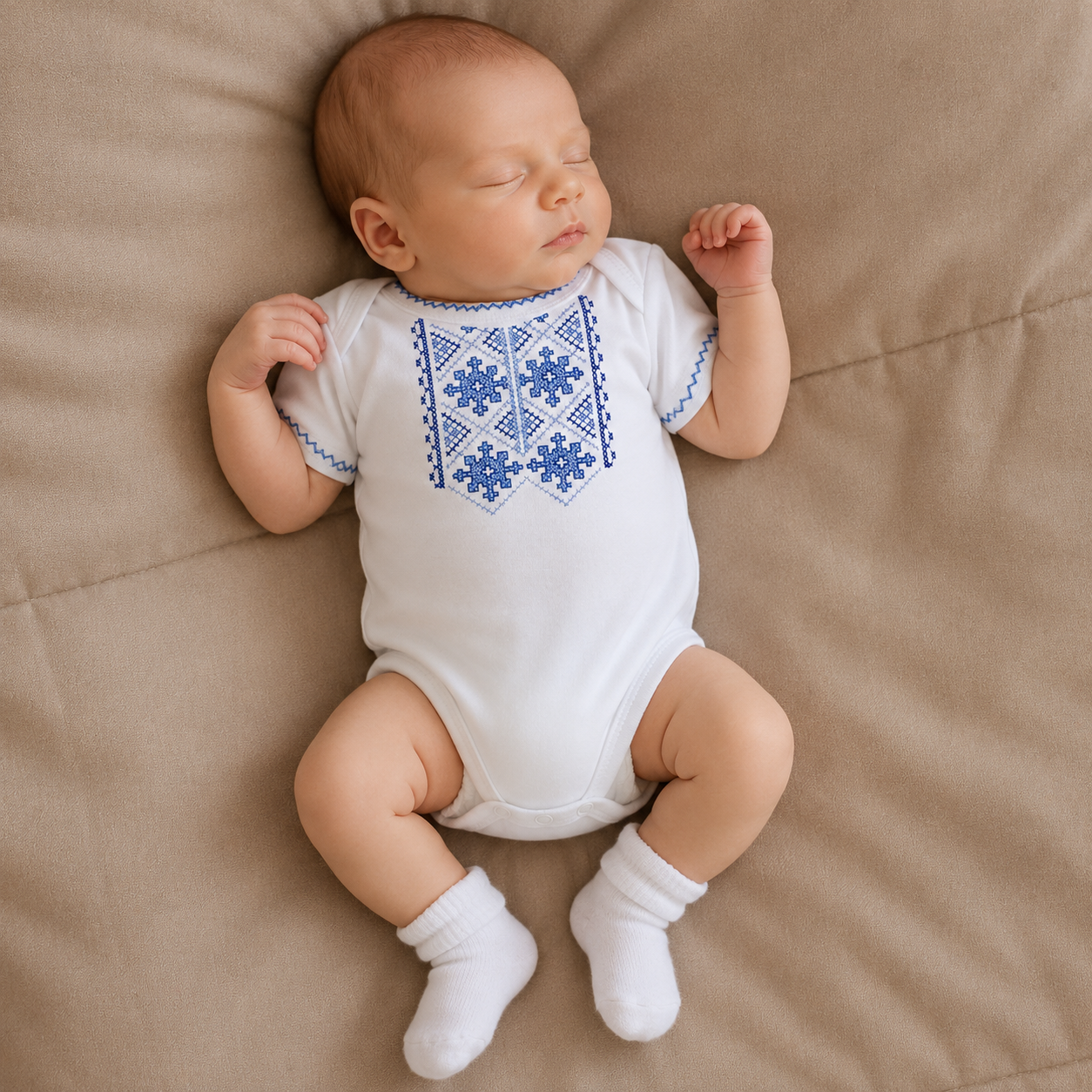 Embroidered Baby Boy Bodysuit with Traditional Ukrainian Ornament
