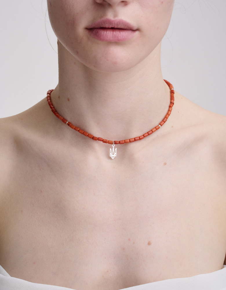 Necklace with Terracotta Coral, Silver Trident