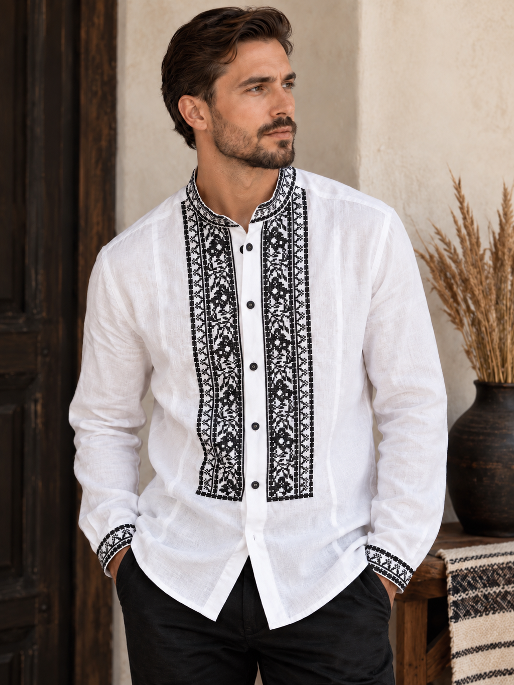 Men’s White Linen Vyshyvanka with Black & Silver Embroidery