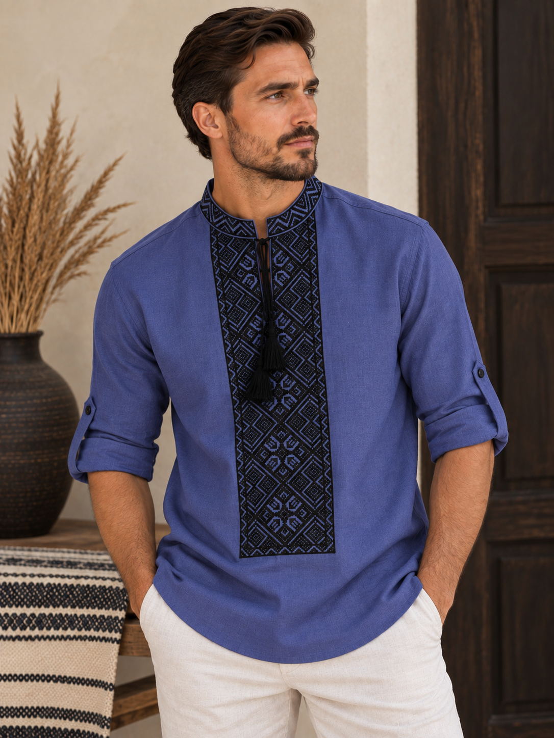 Men’s Dark Navy Linen-Cotton Shirt with Black Embroidery